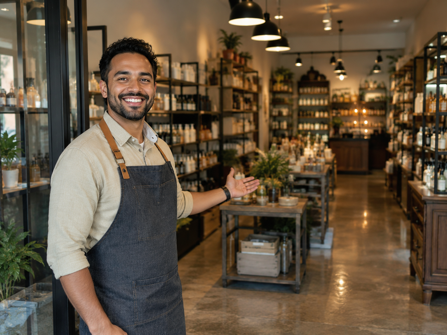 Happy shopkeeper welcoming customers into a clean, customer-ready store